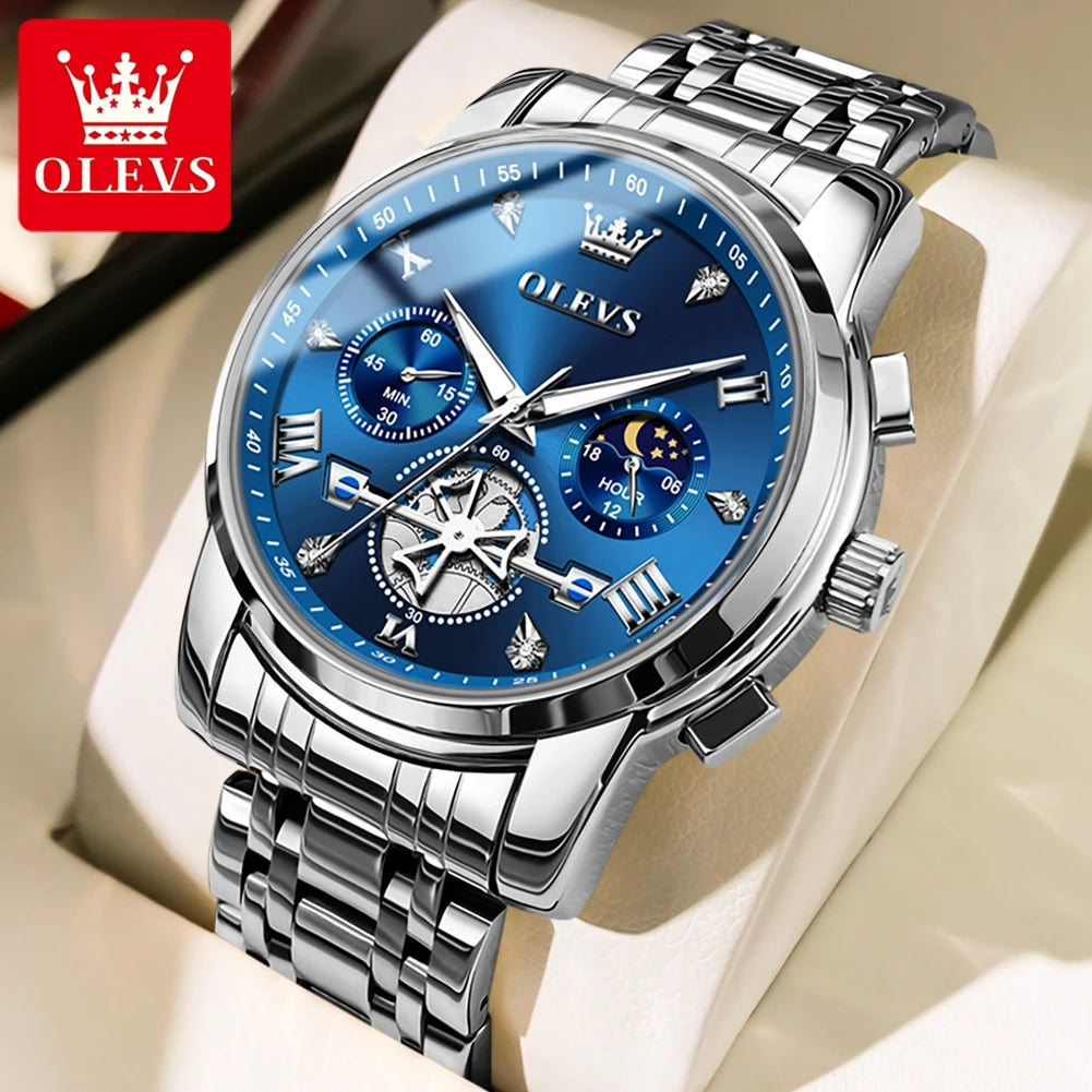 OLEVS 2856 Quartz Watch for Men Flywheel Skeleton Chronograph Moon Phase Multifunctional Stainless steel Men's Wristwatches