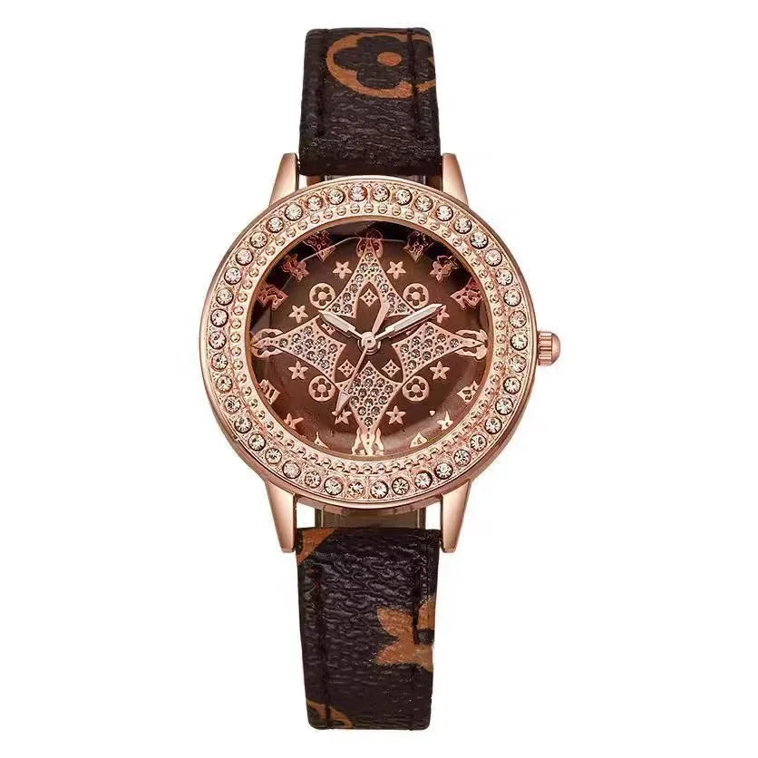 Classic Fashion Quartz Wristwatches Sparkling Rhinestone Women's Watches Leather Strap Relojes Para Damas - LKBA