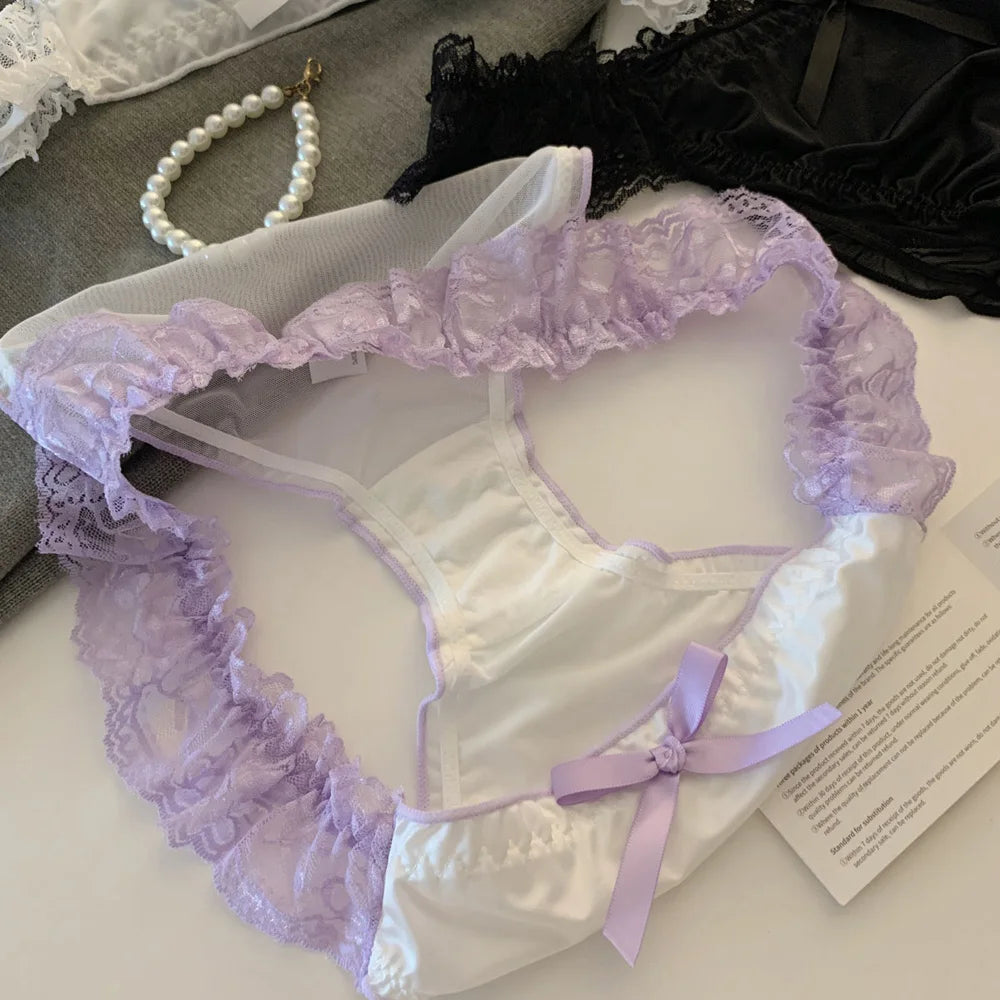 Women's Panties Lace Ruffle Satin Sexy Underwear Women's Low Waist Mesh Hollow Out Panties Sweet Girl Breathable  Briefs Lingeri - LKBA