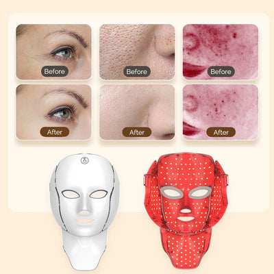 LED Facial Mask with Neck 7 Colors Light Therapy Red Light Facial Mask for Anti-Aging Rejuvenation Brighten Skin Beauty Device - LKBA