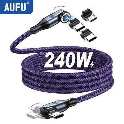 AUFU 240W Magnetic Cable Fast Charging Mirco USB Type C Cable For iPhone Xiaomi Laptop 540 Rotate Elbow Magnet Charge Data Cord - LKBA