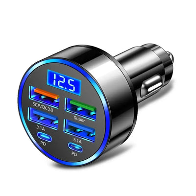 250W PD Car Charger QC3.0 Fast Charge two to Six Port Car Cigarette Lighter Plug Car Charger Flash Charge with Digital Display - LKBA