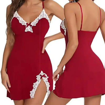 Sexy Sleepwear Women Lace Silk Satin V-Neck Nightgown Split Hem Soft Lingerie Night Dress Sleeveless Sleepwear Female Clothes - LKBA