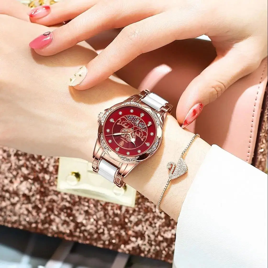 POEDAGAR Luxury Women's Quartz Watch Waterproof Luminous Date Ceramics Steel Watches For Woman Diamond Elegant Ladies Wristwatch - LKBA