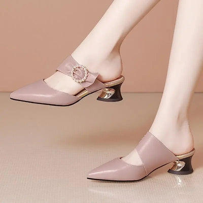 Women Cute Sweet High Quality Beige Bezel Slip on Stiletto Lady Classic Comfort Stylish Heel Shoes Zapato Negro Tacon E5867 - LKBA