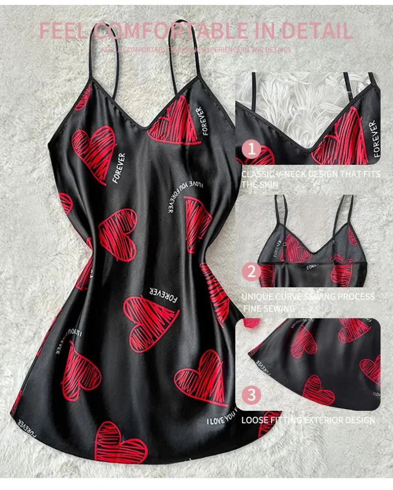 Valentine's Day Red Lip Print Satin Slip Nightdress V Neck Backless Mini Sleep Dress Women's Sleepwear Dresses - LKBA