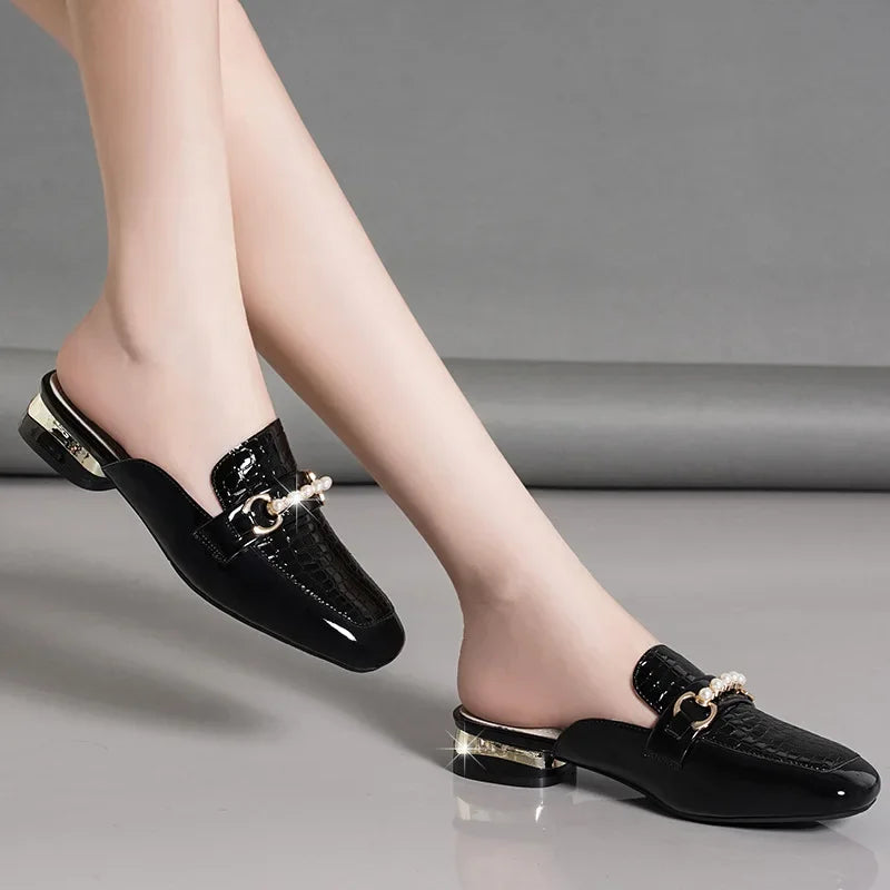 Summer New Pearl Painted Leather Low Heel Women's Slippers High Quality Flat Bottom Half Slippers Comfortable Fashionable - LKBA
