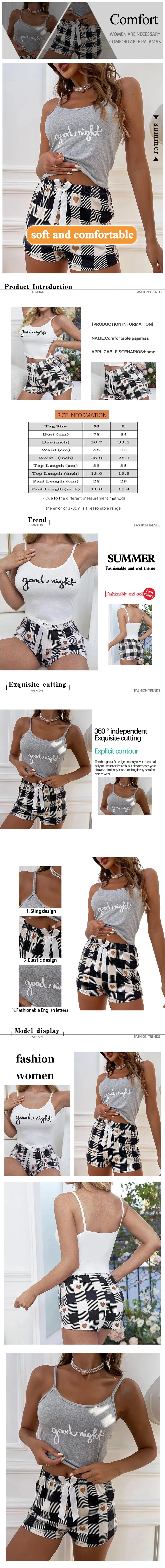 Summer Women's Sexy Camisole Pajama Set Women's Printed Letter Top Paired with Checkered Printed Shorts Home Pajama Set - LKBA