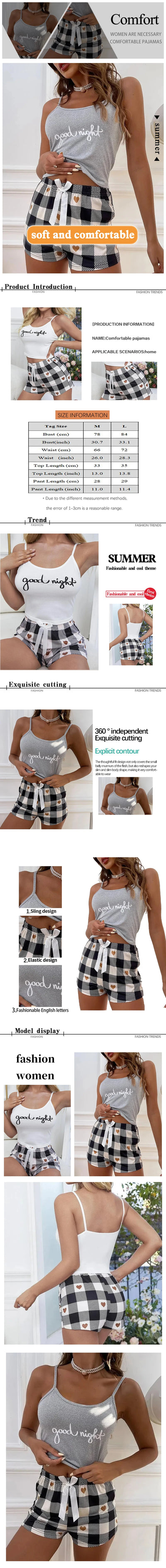 Summer Women's Sexy Camisole Pajama Set Women's Printed Letter Top Paired with Checkered Printed Shorts Home Pajama Set - LKBA