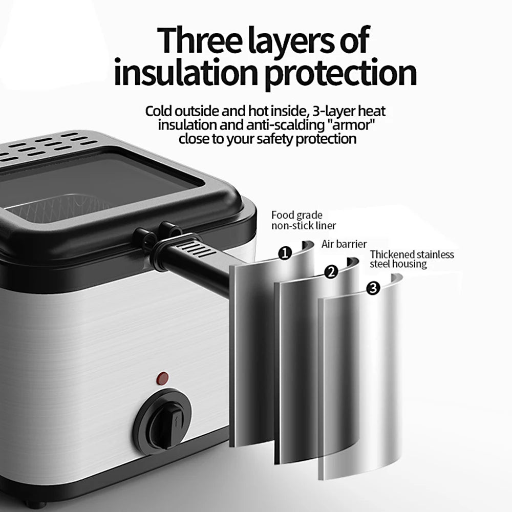 2.5L Electric Fryer Household Mini Electric Fryer 1000W Multiple Function Stainless Steel Fryer Kebab French Fries Machine - LKBA