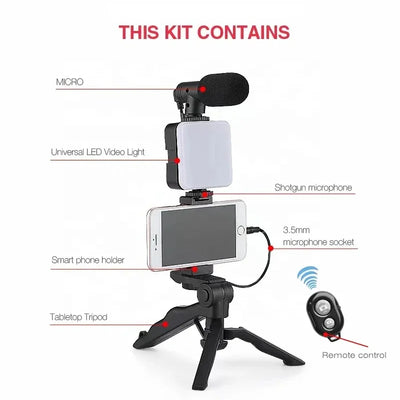 Smartphone Vlogging Kit with Tripod Phone Holder Mini Microphone LED Fill Light - LKBA