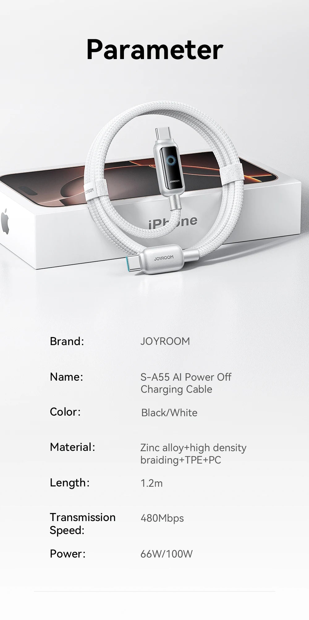 Joyroom 100W USB C Cable Automatic Power Off Fast Charge Type C Cable For iPhone 16 15 Pro Max  Xiaomi Sumsang Huawei - LKBA