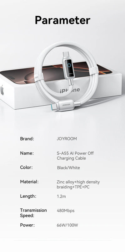 Joyroom 100W USB C Cable Automatic Power Off Fast Charge Type C Cable For iPhone 16 15 Pro Max  Xiaomi Sumsang Huawei - LKBA