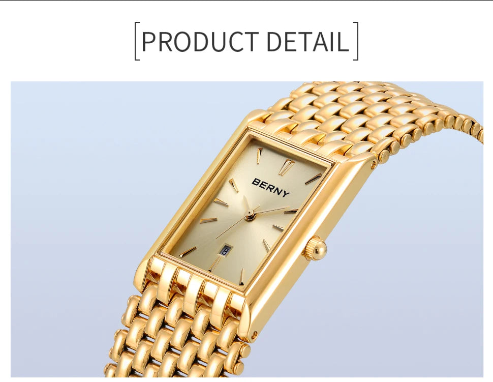 BERNY Gold Watch for Couple Luxury Women/Men Wristwatch Waterproof Golden Clock Quartz Stainless Steel Fashion Men Ladies Watch - LKBA