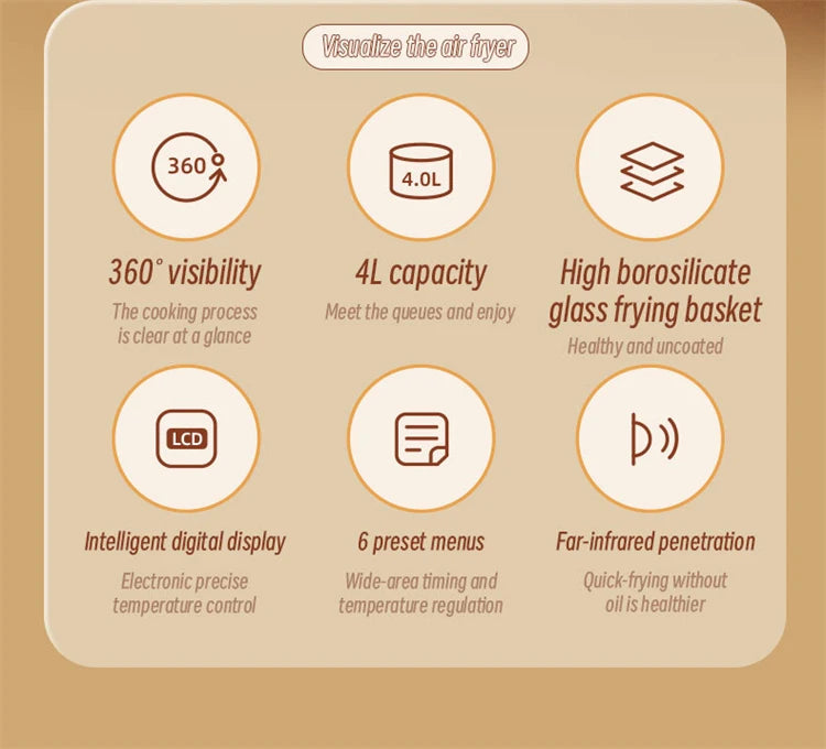 Air Fryer Visual Oil-free Electric Fryer Multi-Functional Automatic Household 360°Baking LED Touchscreen - LKBA