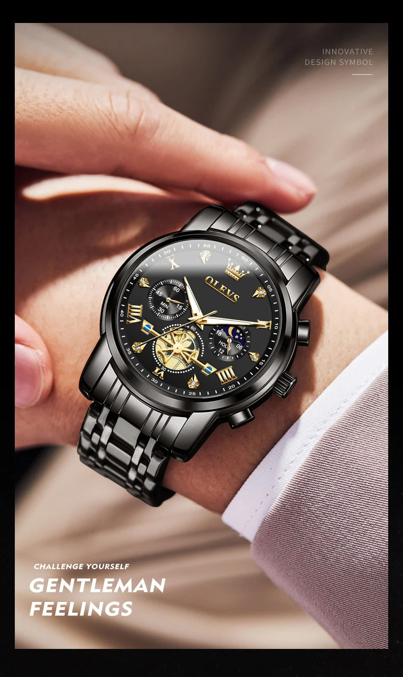 OLEVS 2856 Quartz Watch for Men Flywheel Skeleton Chronograph Moon Phase Multifunctional Stainless steel Men's Wristwatches