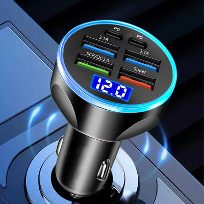 250W PD Car Charger QC3.0 Fast Charge two to Six Port Car Cigarette Lighter Plug Car Charger Flash Charge with Digital Display - LKBA