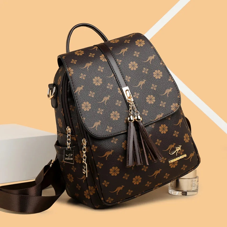 Ladies Backpack Designer High Quality Leather Women Bag Luxury Fashion Printing Tassel School Bags Large Capacity Backpacks Sac - LKBA