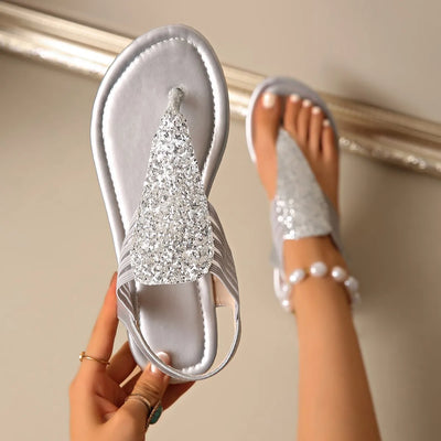 Luxury Women Sandals 2025 Summer Fashion Rhinestones Women Shoes Outdoor Beach Flats Women Casual Clip Toe Sandalias De Mujer - LKBA