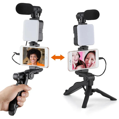 Smartphone Vlogging Kit with Tripod Phone Holder Mini Microphone LED Fill Light - LKBA