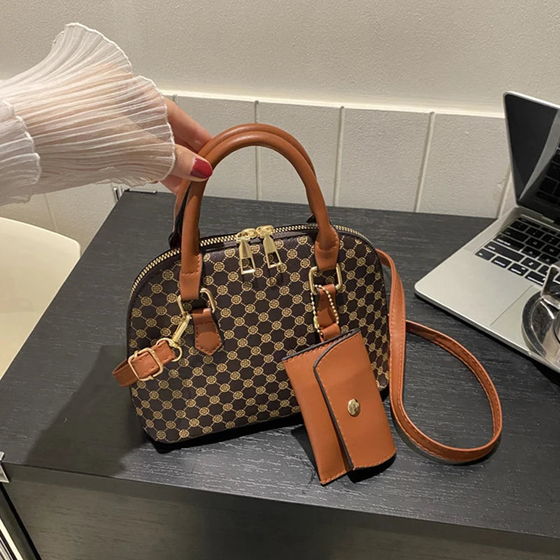 Luxury Shell Fashion Women's Handbag Simple Shoulder Bag Plaid Print Crossbody Bag with Mini Purse - LKBA