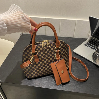 Luxury Shell Fashion Women's Handbag Simple Shoulder Bag Plaid Print Crossbody Bag with Mini Purse - LKBA