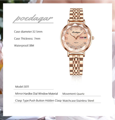 POEDAGAR Watch Women New Fashion Luxury Stainless Steel Wristwatch Bracelet Simple Rose Gold Waterproof Luminous Ladies Watches - LKBA