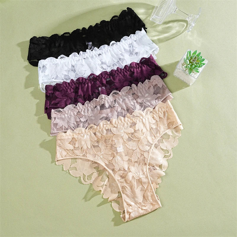 2Pcs Women's Satin Floral Lace Underwear Sexy Hollow Out Panties Solid Low-Waist Perspective Briefs Girls Soft Lingerie - LKBA