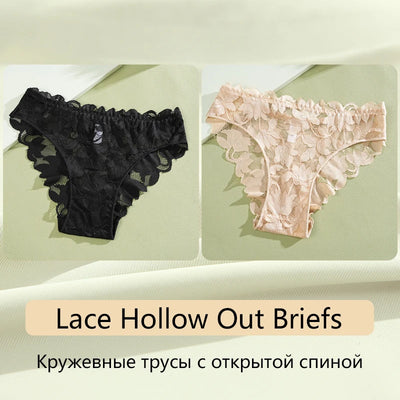 2Pcs Women's Satin Floral Lace Underwear Sexy Hollow Out Panties Solid Low-Waist Perspective Briefs Girls Soft Lingerie - LKBA