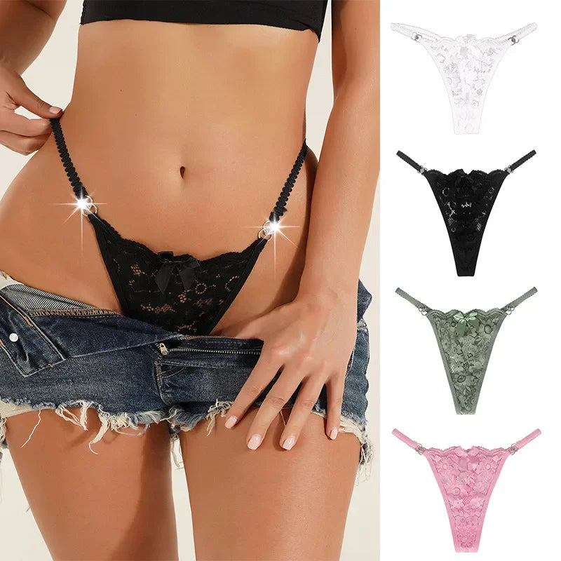 Fashion Sexy Thongs Women Bow Spaghetti Lace Panties Female Plus Size Metal Buckle Erotic Panties Comfortable G-String Wife Gift - LKBA