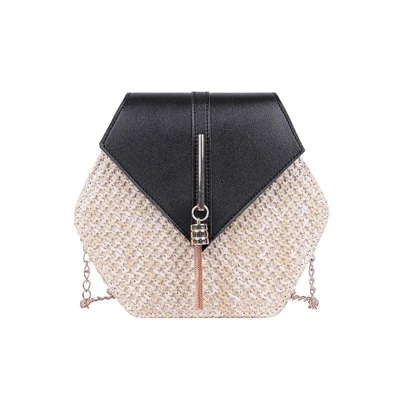 Shape Straw PU Leather Handbag Women Summer Rattan Bag Handmade Woven Beach Bohemia Chain Strap Shoulder