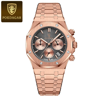 POEDAGAR Original Luxury Men's Watches Date Chronograph Stainless Steel Quartz Watch Waterproof Luminous Fashion Man Wristwatch - LKBA