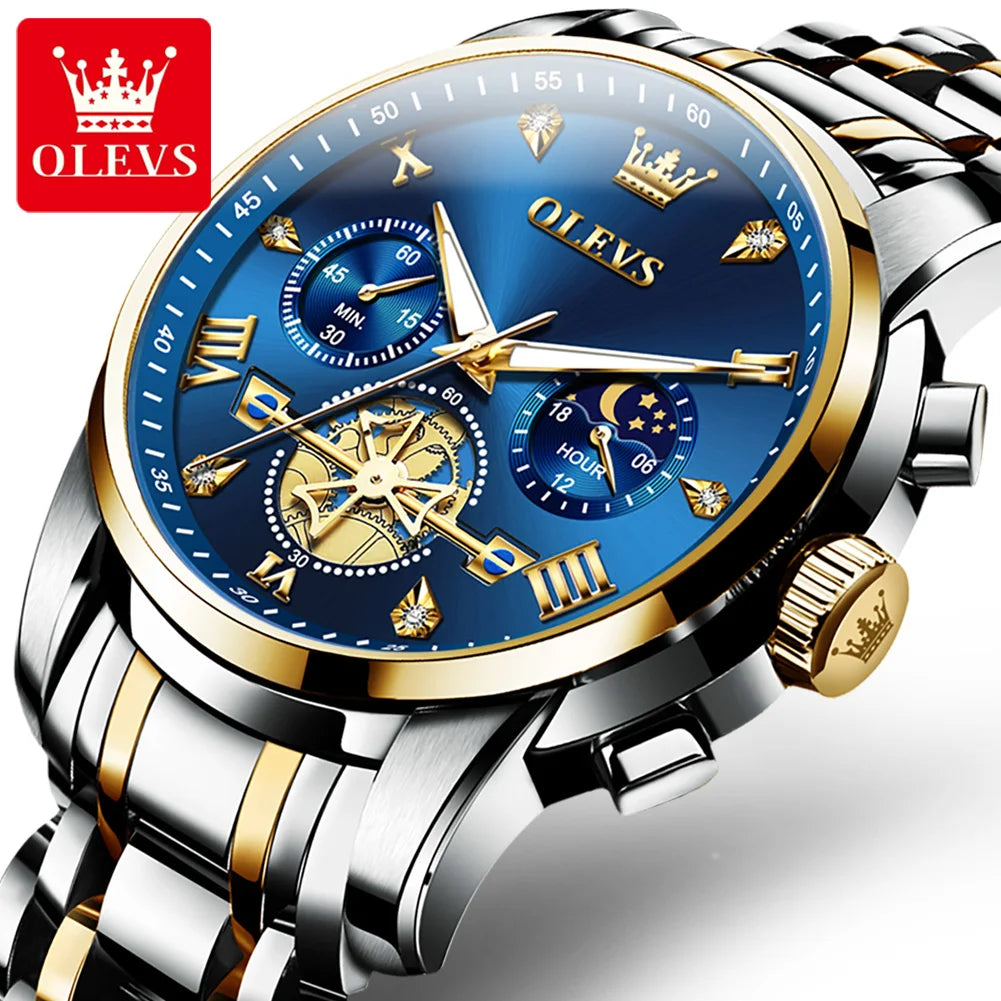 OLEVS 2856 Quartz Watch for Men Flywheel Skeleton Chronograph Moon Phase Multifunctional Stainless steel Men's Wristwatches - LKBA