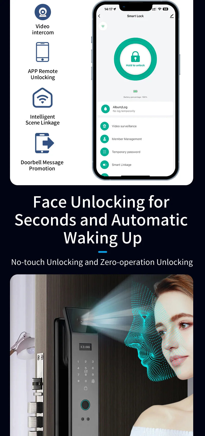 Tuya APP Smart Life APP Control Voice Intercom Smart Lock 3D Face Recognition Fingerprint Password Smart Door Lock With Camera - LKBA