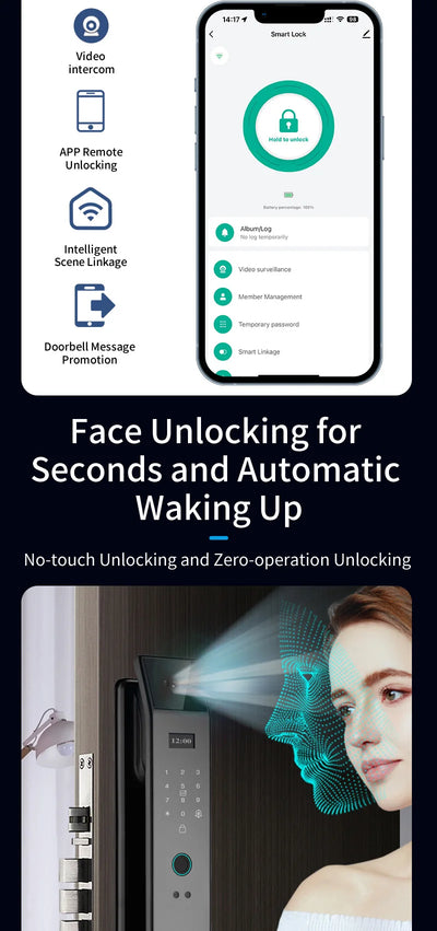 Tuya APP Smart Life APP Control Voice Intercom Smart Lock 3D Face Recognition Fingerprint Password Smart Door Lock With Camera - LKBA