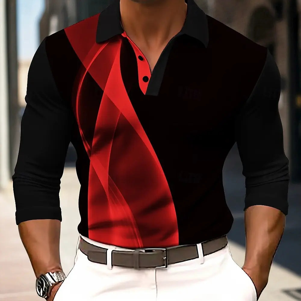 2025 Fashion Men's Geometry Stripe Long Sleeve Polo Shirt Breathable Casual Tops Slim Fit Quick Drying Classic Collar Polo Shirt - LKBA