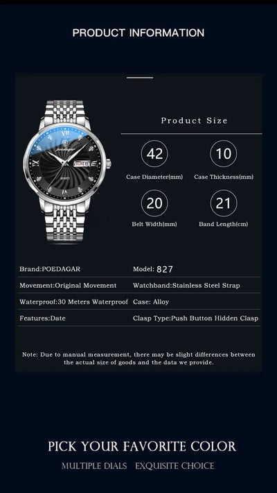 POEDAGAR Luxury Brand Man Watch Waterproof Luminous Date Week Men's Quartz Wristwatch Stainless Steel Fashion Sports Men Watches - LKBA