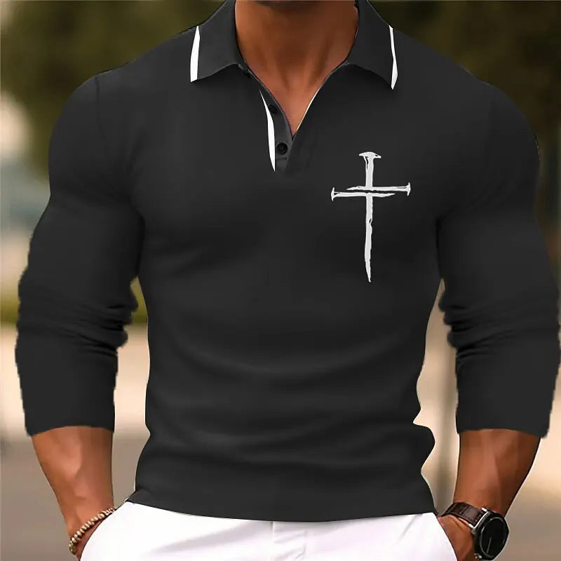 Men's 3D Printed Cross Pattern Golf Shirt Long Sleeve Polo Shirt Business Casual - LKBA