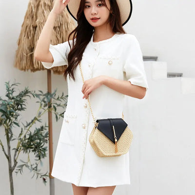 Shape Straw PU Leather Handbag Women Summer Rattan Bag Handmade Woven Beach Bohemia Chain Strap Shoulder - LKBA