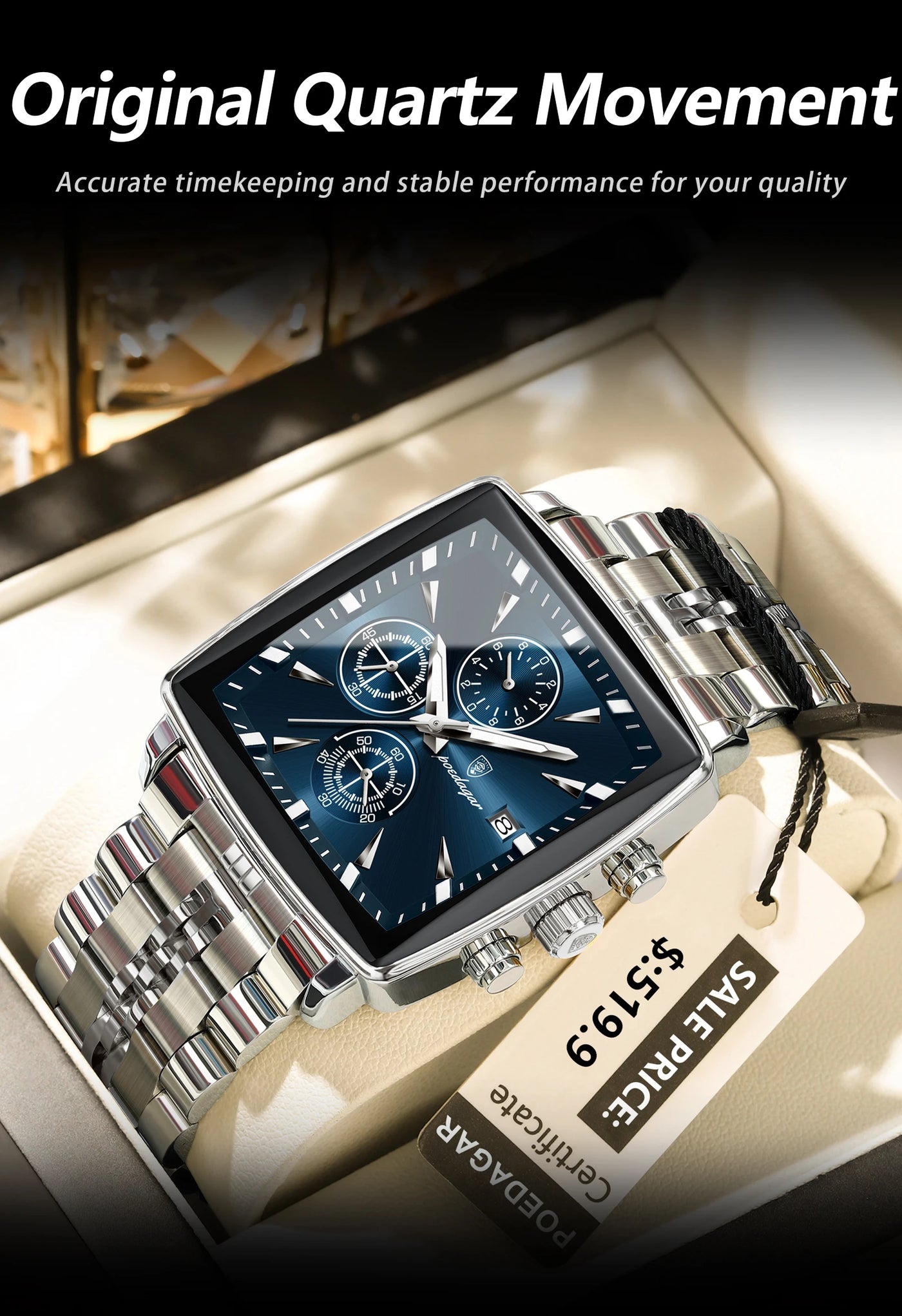 POEDAGAR Square Men Watch Waterproof Luminous Chronograph Calendar Man Wristwatch Stainless Steel Quartz Men's Watches+Box Reloj - LKBA