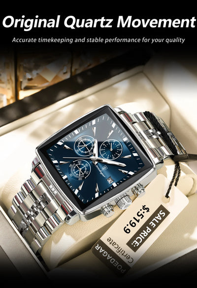 POEDAGAR Square Men Watch Waterproof Luminous Chronograph Calendar Man Wristwatch Stainless Steel Quartz Men's Watches+Box Reloj - LKBA