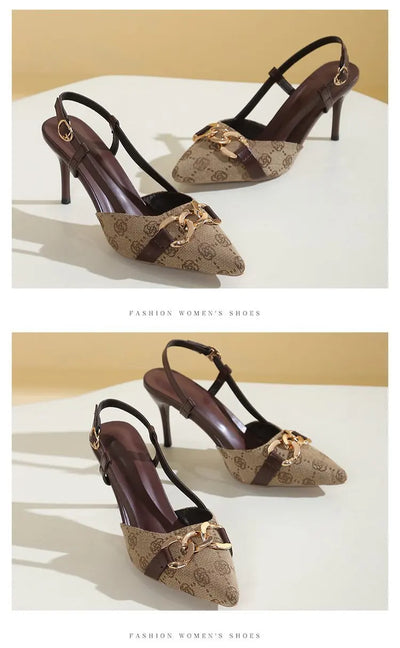 2025 Women's Fashion Baotou Sandals Spring New Pointed Head Shallow Mouth Metal Buckle Anti-slip Wear-resistant High Heels - LKBA