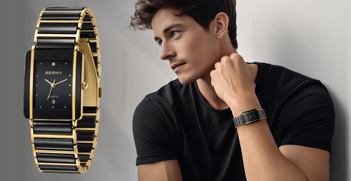 BERNY Ceramic Quartz Men Watch Fashion Luxury Rectangle Wristwatch XV12 Waterproof Calendar Diamon Black Gold Couple Gifts Watch - LKBA