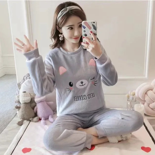 Thickened Warm Flannel Autumn and Winter Pajamas Loungewear Female Cute Cartoon Sleepwear Homewear Coral Velvet Nightwear - LKBA