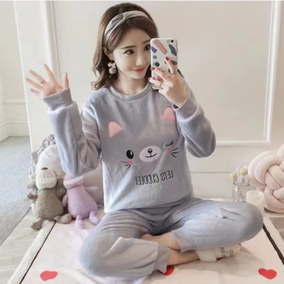 Thickened Warm Flannel Autumn and Winter Pajamas Loungewear Female Cute Cartoon Sleepwear Homewear Coral Velvet Nightwear - LKBA
