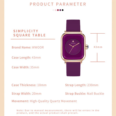 WWOOR Luxury Brand Watches For Women Fashion Square Purple Ladies Quartz Wristwatch Waterproof Silicone Band Relogio Feminino - LKBA