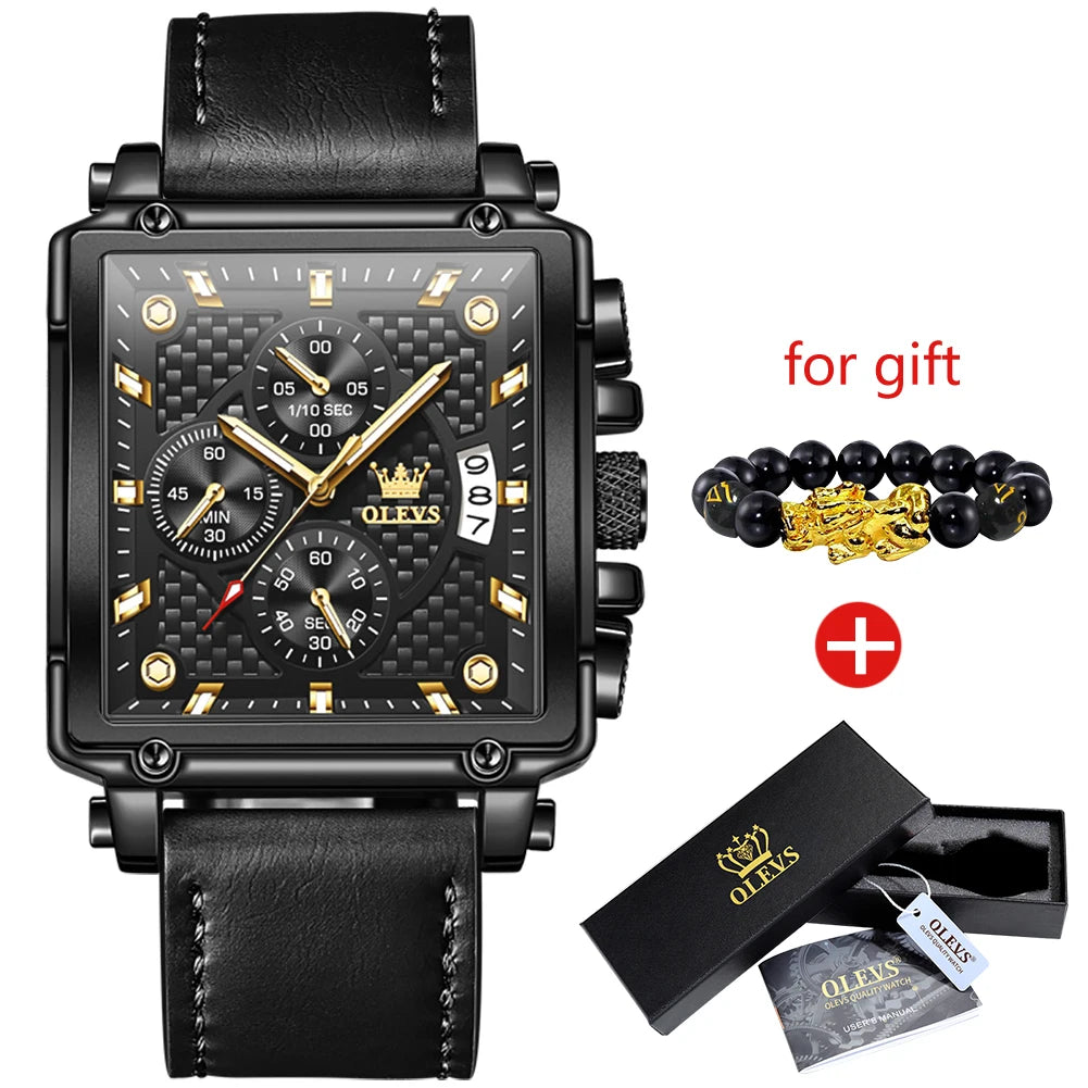 OLEVS Men's Top Brand Square Quality Quartz Wristwatch Chronograph Waterproof Original Watch for Man Luminous Date Luxury - LKBA