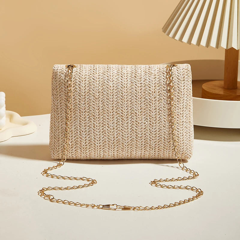 Fashion Straw Women Chain Shoulder Bag Woven High-Capacity Buckle Closure Clutch Handmade - LKBA