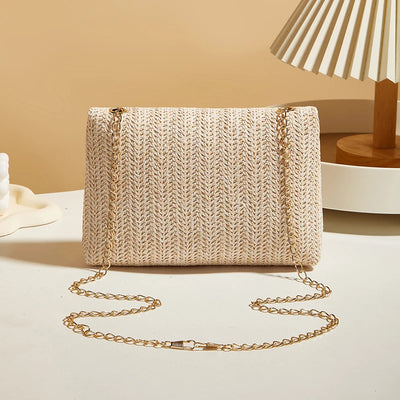 Fashion Straw Women Chain Shoulder Bag Woven High-Capacity Buckle Closure Clutch Handmade - LKBA