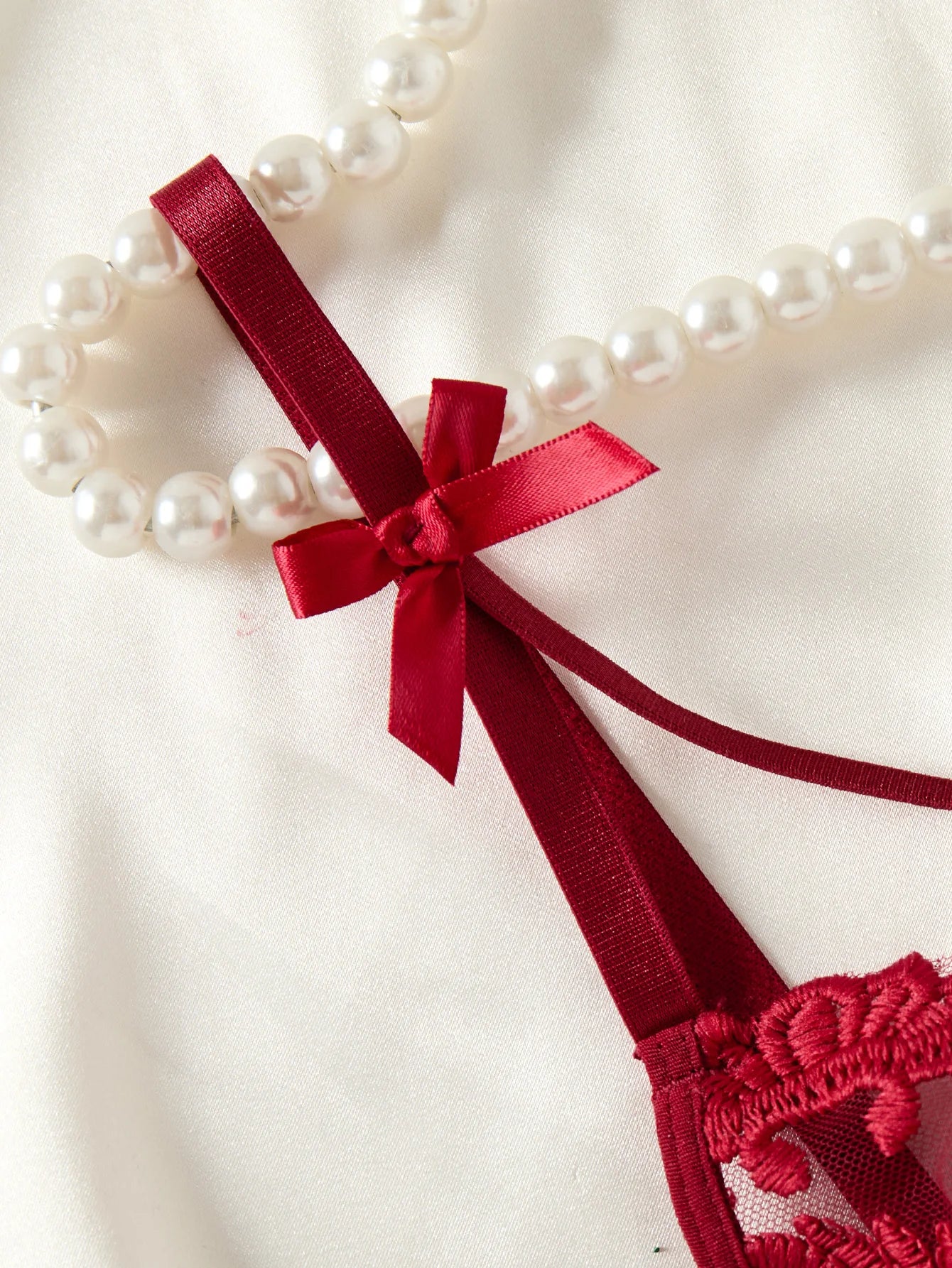 Ladies' wine-red countryside style wheat ear embroidery semitransparent nightgown - LKBA